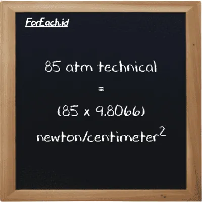 How to convert atm technical to newton/centimeter<sup>2</sup>: 85 atm technical (at) is equivalent to 85 times 9.8066 newton/centimeter<sup>2</sup> (N/cm<sup>2</sup>)
